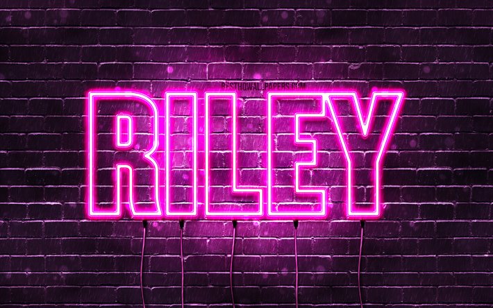 Riley, 4k, taustakuvia nimet, naisten nimi&#228;, Riley nimi, violetti neon valot, vaakasuuntainen teksti, kuva Riley nimi