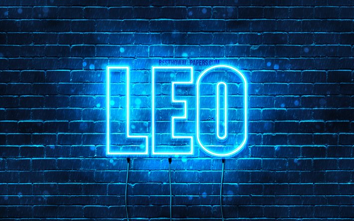 Leo, 4k, les papiers peints avec les noms, le texte horizontal, nom Leo, bleu n&#233;on, une photo avec le nom Leo