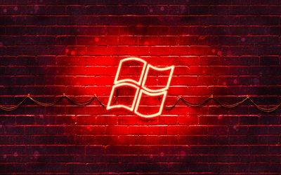 Windows logotipo rojo, 4k, rojo brickwall, con el logotipo de Windows, marcas, Windows ne&#243;n logotipo de Windows