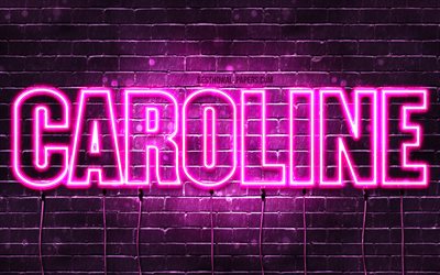 Caroline, 4k, wallpapers with names, female names, Caroline name, purple neon lights, horizontal text, picture with Caroline name