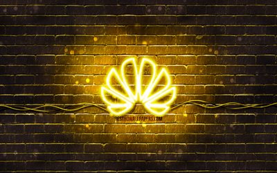 Huawei sarı logo, 4k, sarı brickwall, Huawei logosu, marka, logo, neon, Huawei