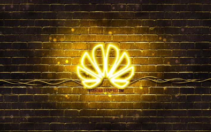 Huawei logo jaune, 4k, jaune brickwall, Huawei logo, marques, Huawei n&#233;on logo, Huawei