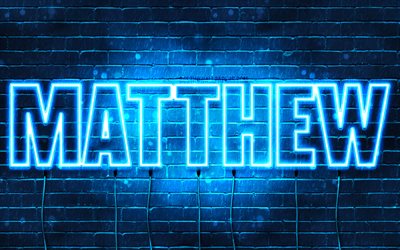 Matthew, 4k, wallpapers with names, horizontal text, Matthew name, blue neon lights, picture with Matthew name