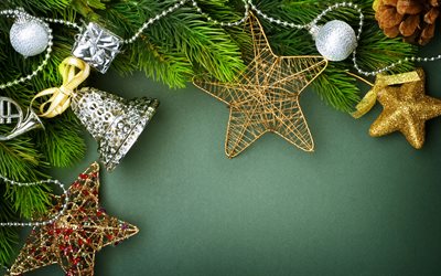 Navidad, marco, 4k, verde antecedentes, navidad campanas, estrellas, Feliz Navidad, a&#241;o nuevo decoraciones, decoraciones de Navidad, Feliz A&#241;o Nuevo, navidad decoraciones, decoraciones de navidad, xmas frames, A&#241;os Nuevos conciertos