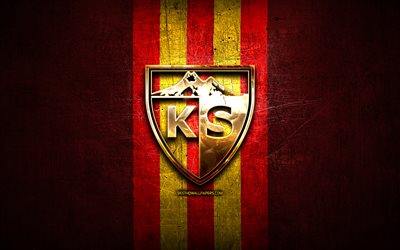 Kayserispor FC, golden logo, Turkish Super League, red metal background, football, Kayserispor SK, Turkish football club, Kayserispor logo, Super Lig, soccer, Turkey