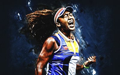 Naomi Osaka, Japanese tennis player, portrait, blue stone background, WTA