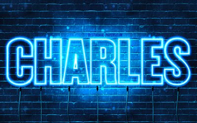 Charles, 4k, fondos de pantalla con los nombres, el texto horizontal, Charles nombre, luces azules de ne&#243;n, de la imagen con el nombre de Charles