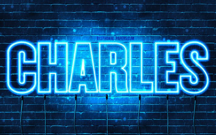 Charles, 4k, pap&#233;is de parede com os nomes de, texto horizontal, Charles nome, luzes de neon azuis, imagem com Charles nome