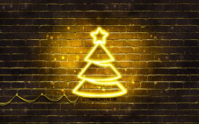 Yellow neon Christmas Tree, 4k, yellow brickwall, Happy New Years Concept, Yellow Christmas Tree, Xmas Trees, Christmas Trees