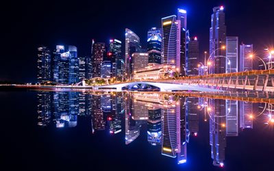 Singapore, night, bay, skyscrapers, modern buildings, metropolis, Asia