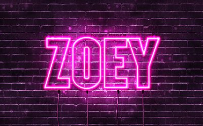 Zoey, 4k, wallpapers with names, female names, Zoey name, purple neon lights, horizontal text, picture with Zoey name