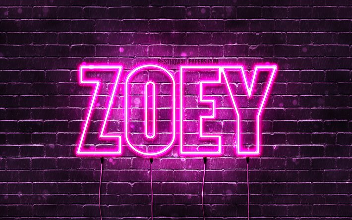Zoey, 4k, des fonds d&#39;&#233;cran avec des noms, des noms f&#233;minins, Zoey nom, de violet, de n&#233;ons, le texte horizontal, image avec Zoey nom