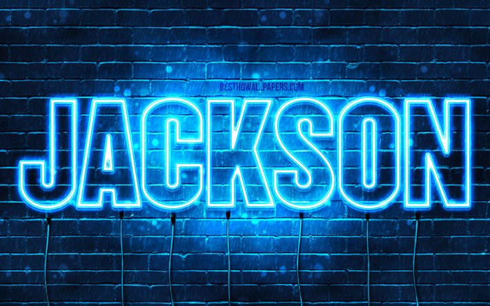 Jackson, 4k, les papiers peints avec les noms, le texte horizontal, Jackson nom, bleu n&#233;on, une photo avec le nom de Jackson