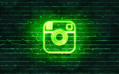 Instagram logo vert, 4k, vert brickwall, Instagram logo, marques, Instagram n&#233;on logo, Instagram