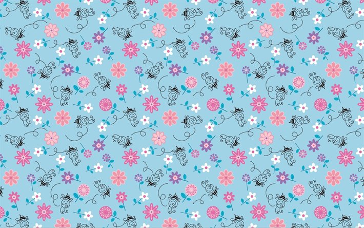 abstrato floral padr&#227;o, fundo com flores, floral texturas, padr&#245;es florais, azul floral de fundo