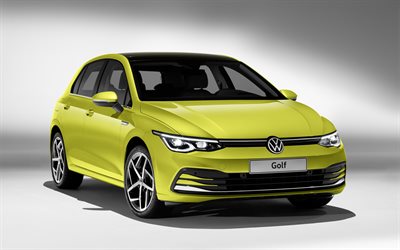 2020, Volkswagen Golf, exterior, front view, yellow hatchback, new yellow Golf, German cars, Volkswagen