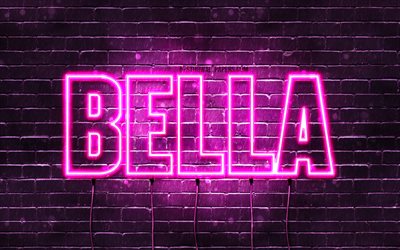Bella, 4k, fondos de pantalla con los nombres, los nombres femeninos, Bella nombre, p&#250;rpura luces de ne&#243;n, el texto horizontal, imagen con el nombre de Bella