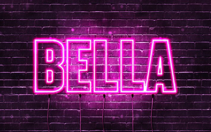 Bella, 4k, des fonds d&#39;&#233;cran avec des noms, des noms de femmes, Bella nom, de violet, de n&#233;ons, le texte horizontal, image avec Bella nom