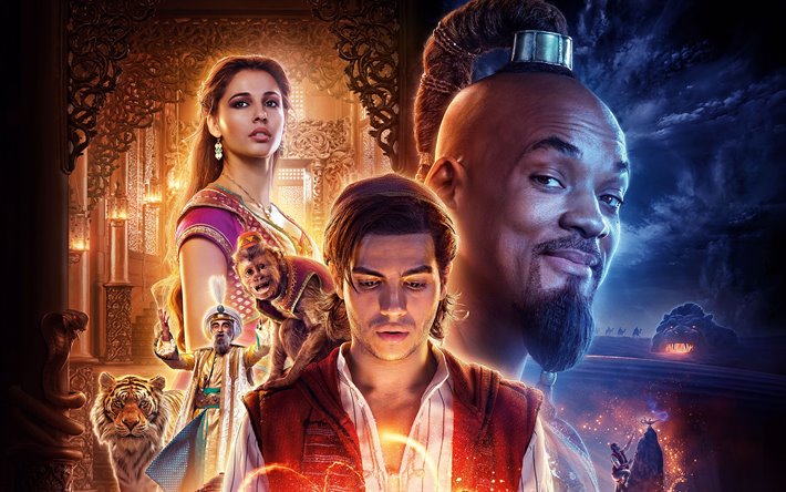 Jasmine, Aladdin, Genie, 2019 movie, poster, 3D-animation, 2019 Aladdin, Will Smith, Naomi Scott, Mena Massoud
