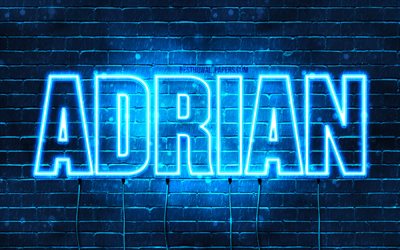 Adrian, 4k, wallpapers with names, horizontal text, Adrian name, blue neon lights, picture with Adrian name