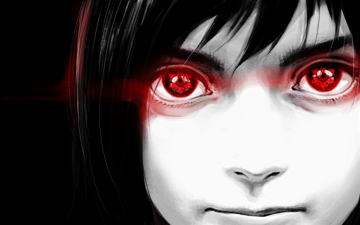 Sasuke Uchiha, red eyes, Naruto characters, darkness, manga, artwork, Naruto, Sharingan