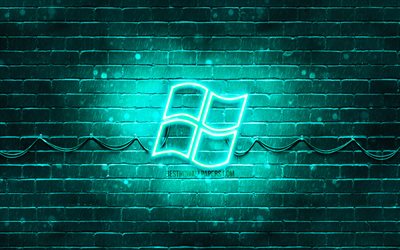 Windowsのターコイズブルーロゴ, 4k, ターコイズブルー brickwall, Windowsロゴ, ブランド, Windowsネオンのロゴ, Windows