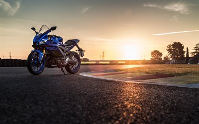 4k, la Yamaha YZF-R3, coucher de soleil, 2019 v&#233;los, superbikes, bleu moto, 2019 Yamaha YZF-R3, japonais de motos, Yamaha