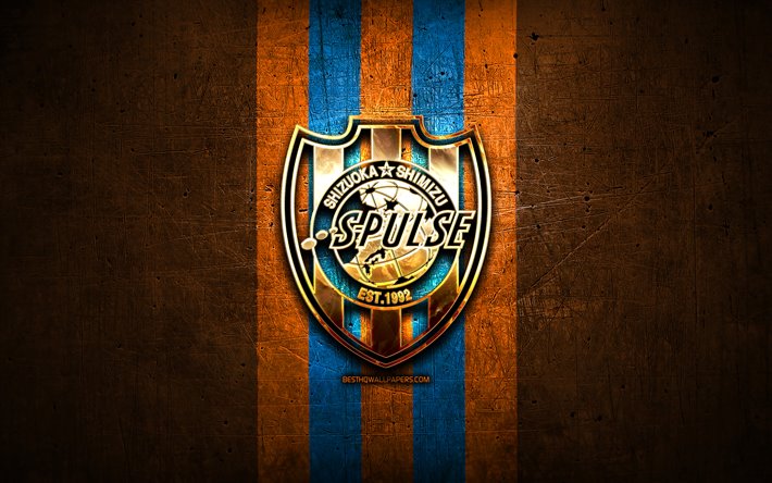 Shimizu S-Pulse FC, golden logo, J1 League, orange metal background, football, Shimizu S-Pulse, japanese football club, Shimizu S-Pulse logo, J-League, soccer, Japan