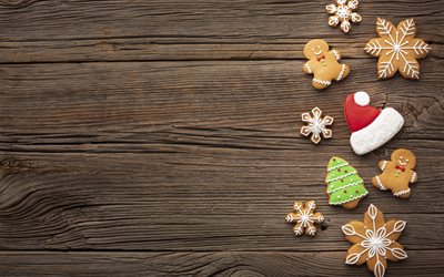 Christmas cookies, Happy New Year, wooden boards texture, Christmas, cookies, christmas tree