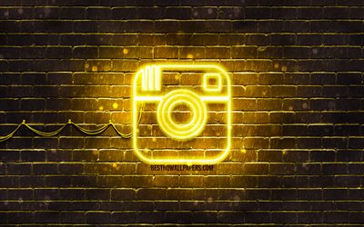 Instagram giallo logo, 4k, giallo brickwall, Instagram logo, marchi, Instagram neon logo, Instagram