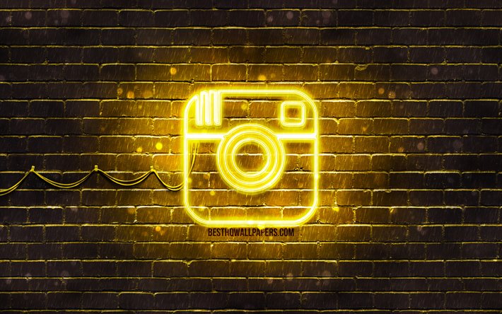 Instagram amarelo logotipo, 4k, amarelo brickwall, Instagram logotipo, marcas, Instagram neon logotipo, Instagram