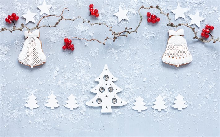 Winter christmas decoration, winter, snow, christmas cookies, Happy New Year, Christmas, White paper christmas tree