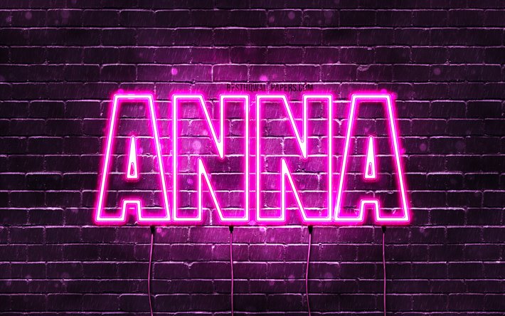Anna, 4k, fondos de pantalla con los nombres, los nombres femeninos, Anna nombre, p&#250;rpura luces de ne&#243;n, el texto horizontal, imagen con el nombre Anna