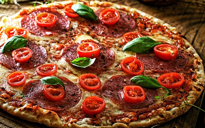 Pizza with sausage, fast food, pastries, pizza, tomatoes, meat pizza