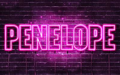 Penelope, 4k, wallpapers with names, female names, Penelope name, purple neon lights, horizontal text, picture with Penelope name