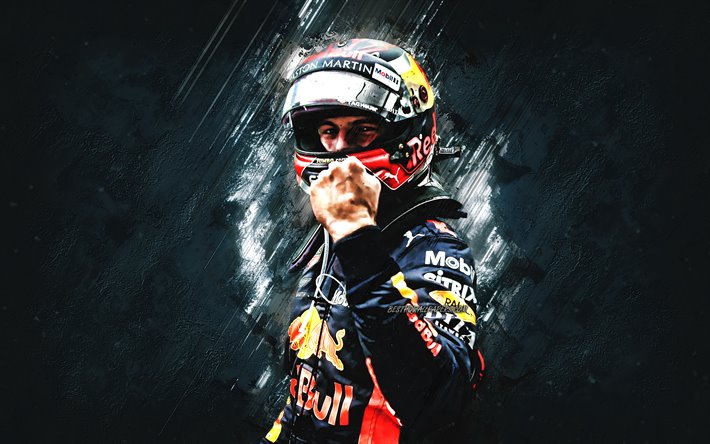 Max Verstappen, レッドブルレーシング, 式1, オランダのレースカード, F1, 青石の背景