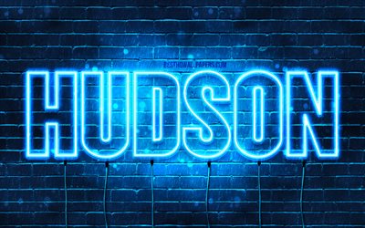Hudson, 4k, wallpapers with names, horizontal text, Hudson name, blue neon lights, picture with Hudson name
