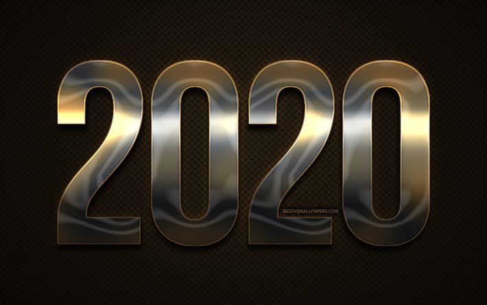 2020 metal digits, grunge, Happy New Year 2020, brown metal background, 2020 neon art, 2020 concepts, bronze digits, 2020 on brown background, 2020 year digits