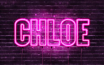 Chloe, 4k, wallpapers with names, female names, Chloe name, purple neon lights, horizontal text, picture with Chloe name