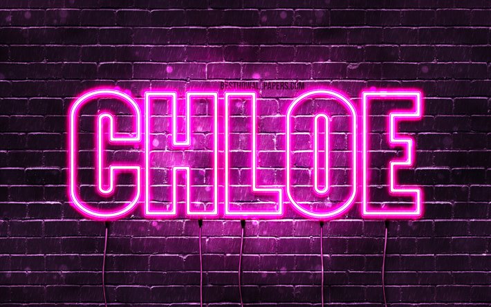 Chloe, 4k, taustakuvia nimet, naisten nimi&#228;, Chloe nimi, violetti neon valot, vaakasuuntainen teksti, kuva Chloe nimi