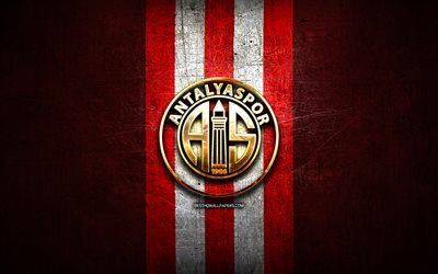 Antalyaspor FC, golden logo, Turkish Super League, red metal background, football, Antalyaspor, Turkish football club, Antalyaspor logo, Super Lig, soccer, Turkey