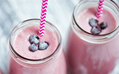 Blueberry yogurt, dairy drinks, yogurt, milkshake, bottles with yogurt, blueberry milkshake