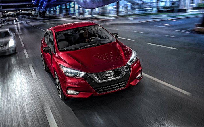 Nissan Versa, 2020, compact sedan, exterior, front view, red sedan, new red Versa, Japanese cars, Nissan