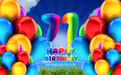 4k, 嬉しいで71年に誕生日, 曇天の背景, 誕生パーティー, カラフルなballons, 嬉しい71歳の誕生日, 作品, 71歳の誕生日, 誕生日プ, 第71回の誕生日パーティー