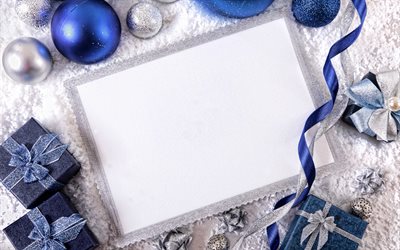 空のクリスマスカード, 4k, クリスマスの飾り雪の背景, クリスマスの概念, クリスマスの飾り, クリスマスの背景
