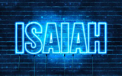 Isaiah, 4k, wallpapers with names, horizontal text, Isaiah name, blue neon lights, picture with Isaiah name