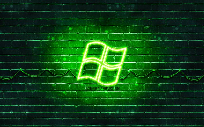 Windows logotipo verde, 4k, verde brickwall, con el logotipo de Windows, marcas, Windows ne&#243;n logotipo de Windows