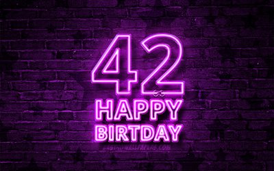 嬉しい42歳の誕生日, 4k, 紫色のネオンテキスト, 第42回誕生パーティー, 紫brickwall, 誕生日プ, 誕生パーティー, 42歳の誕生日