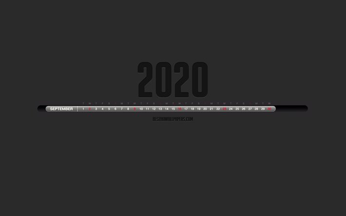 Tek satırda 2020 Eyl&#252;l Takvim, Şık Siyah takvim, 2020 Eyl&#252;l, gri arka plan, ay takvimi, Eyl&#252;l 2020 numaraları, Eyl&#252;l 2020 Takvim