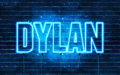 Dylan, 4k, pap&#233;is de parede com os nomes de, texto horizontal, Dylan nome, luzes de neon azuis, imagem com Dylan nome
